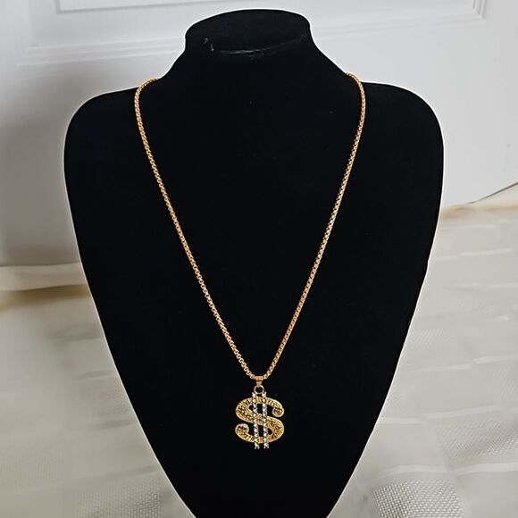 Men's Gold Plated Dollar Sign Pendant Chain 13" - Picture 15 of 16